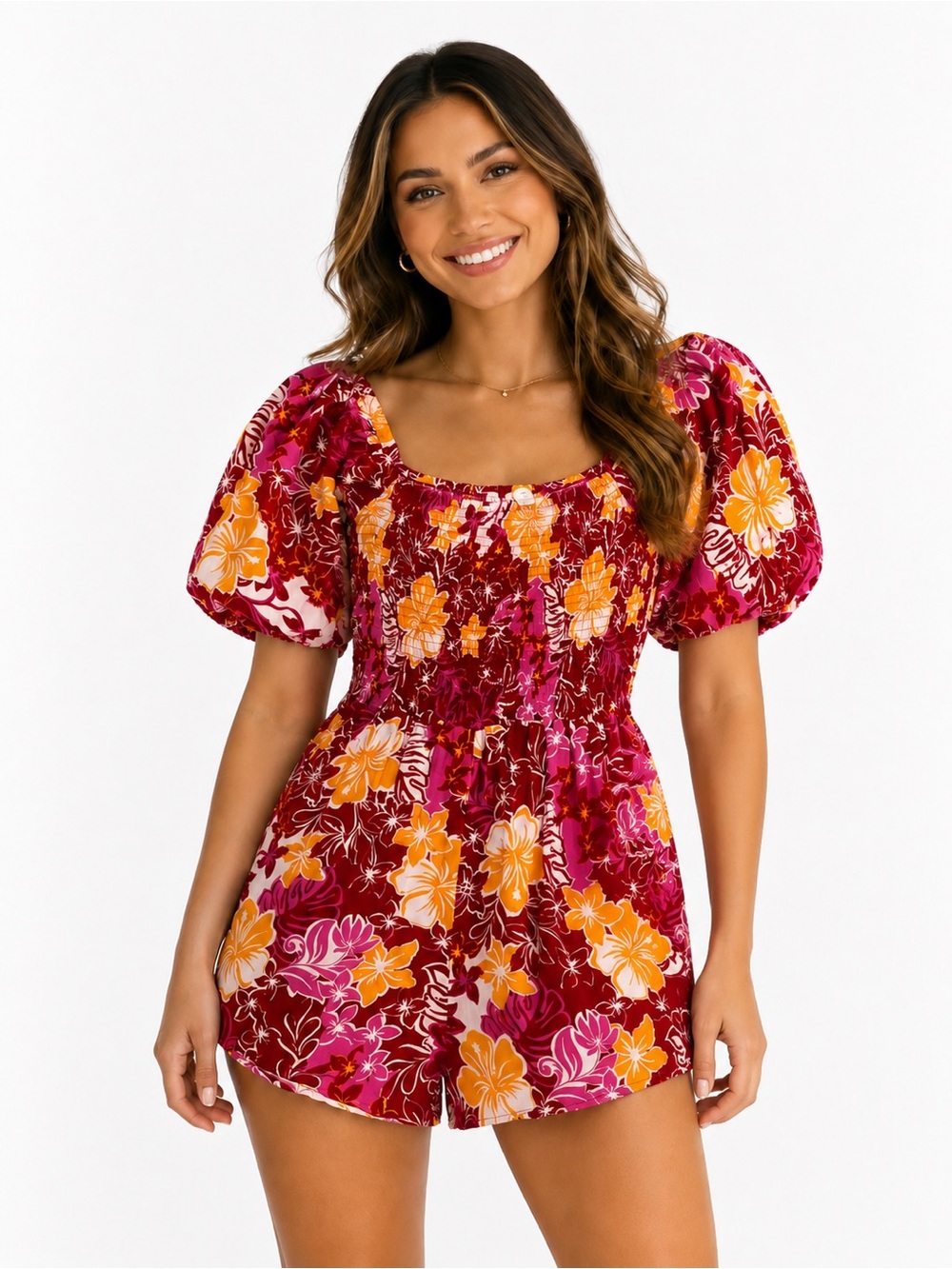 Roxy Barefoot Bade Smocked Romper Hibiscus Floral size Medium